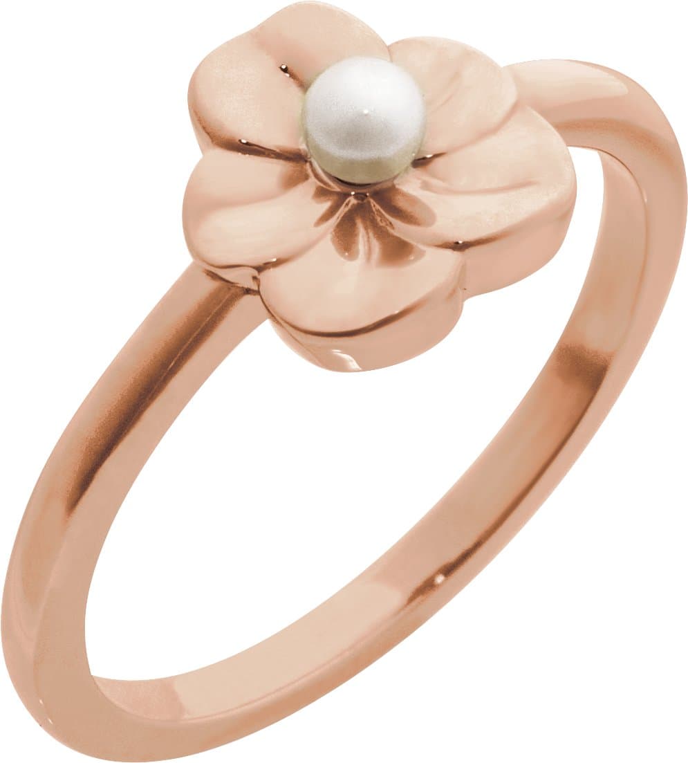 14K Rose Cultured White Seed Pearl Floral Ring