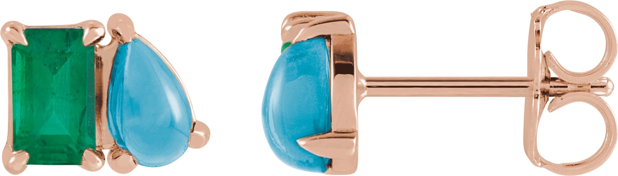 14K Rose Lab-Grown Emerald & Natural Turquoise Two-Stone Stud Earrings