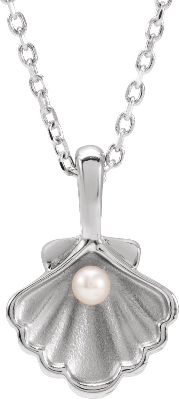14K White 1-Stone Cultured White Seed Pearl Family Shell 16-18 Necklace
