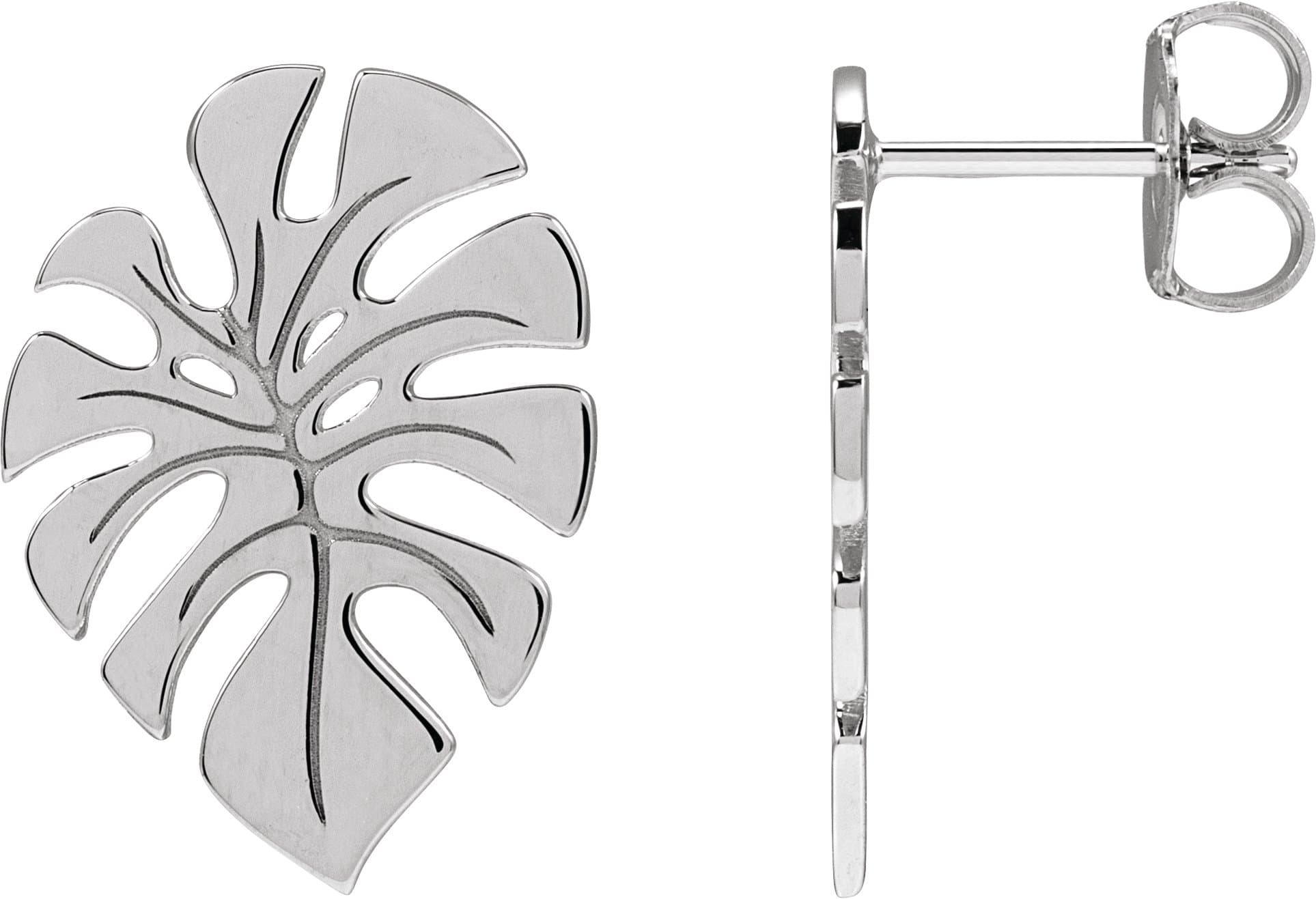14K White Monstera Leaf Stud Earrings