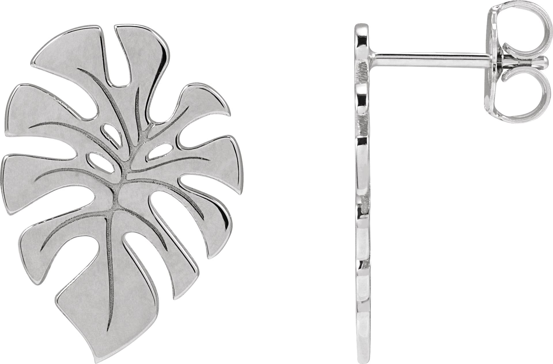14K White Monstera Leaf Stud Earrings