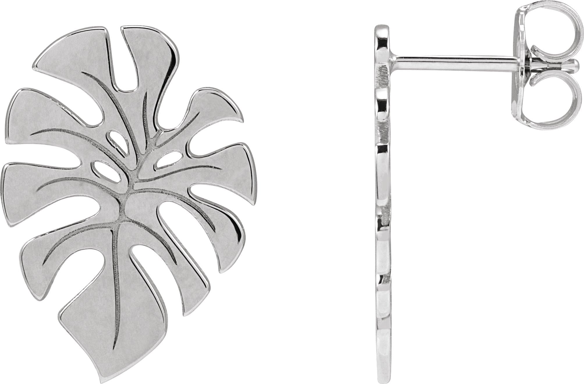 14K White Monstera Leaf Stud Earrings