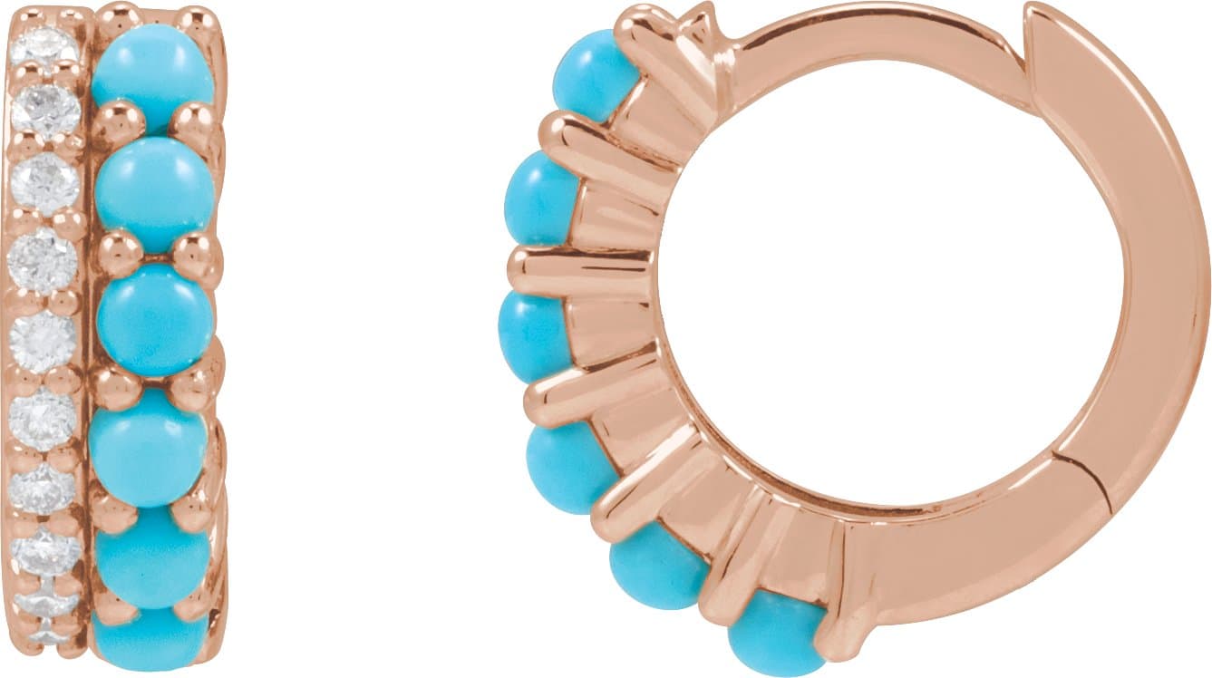 14K Rose Natural Turquoise & 1/8 CTW Natural Diamond Huggie Hoop Earrings