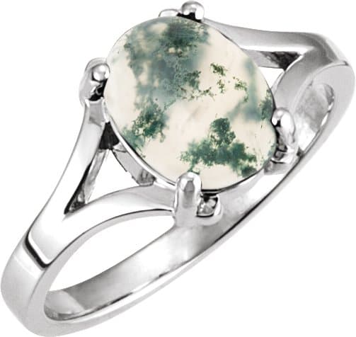 14K White Natural Moss Agate Cabochon Ring