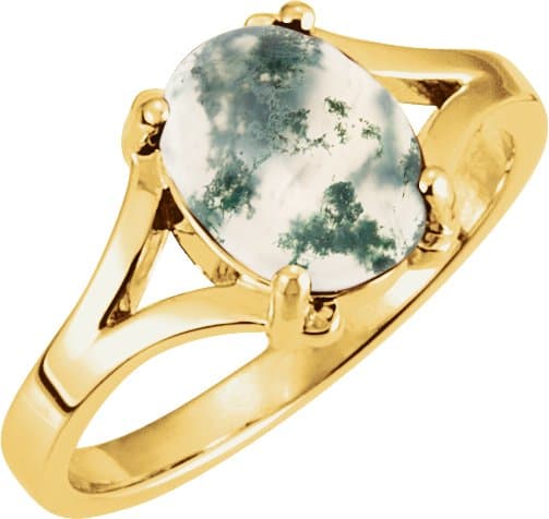 14K White Natural Moss Agate Cabochon Ring