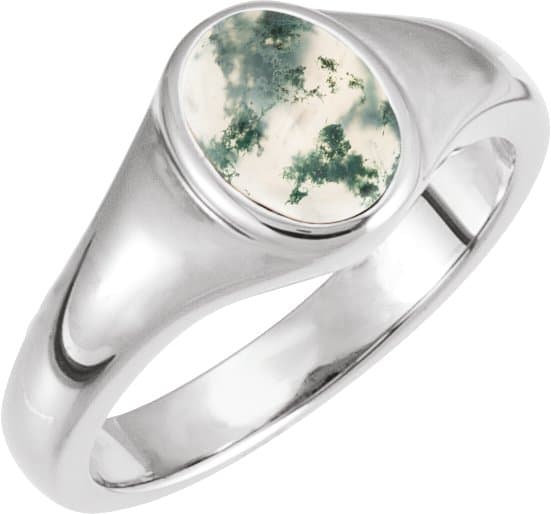 14K White 10x8 mm Natural Moss Agate Ring