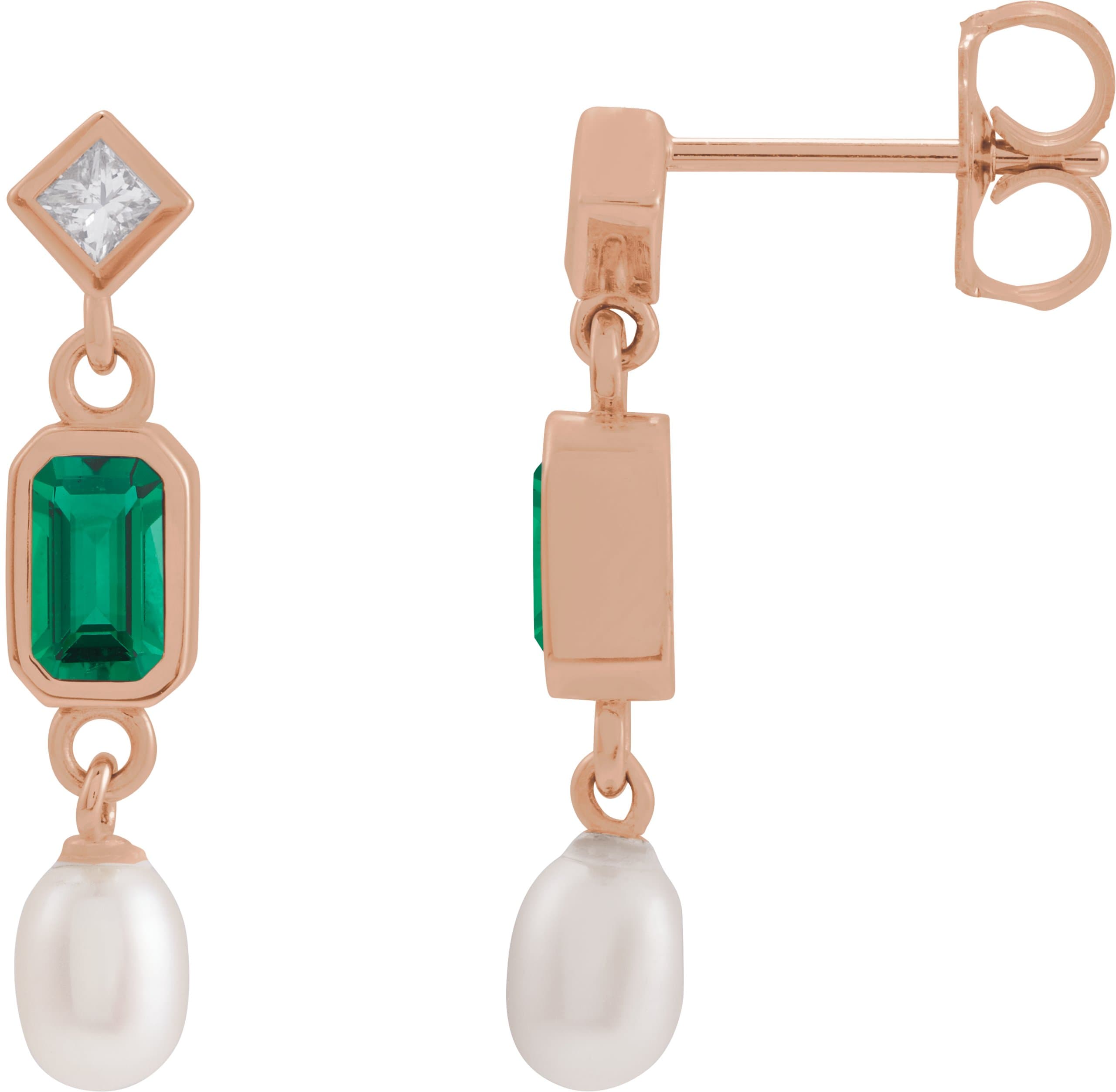 14K Rose Lab-Grown Blue Sapphire, Cultured White Akoya Pearl & .05 CTW Natural Diamond Earrings
