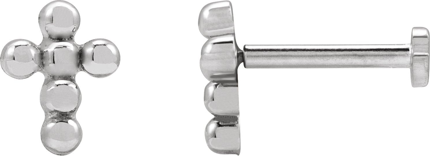 14K White Beaded Cross Stud Earring