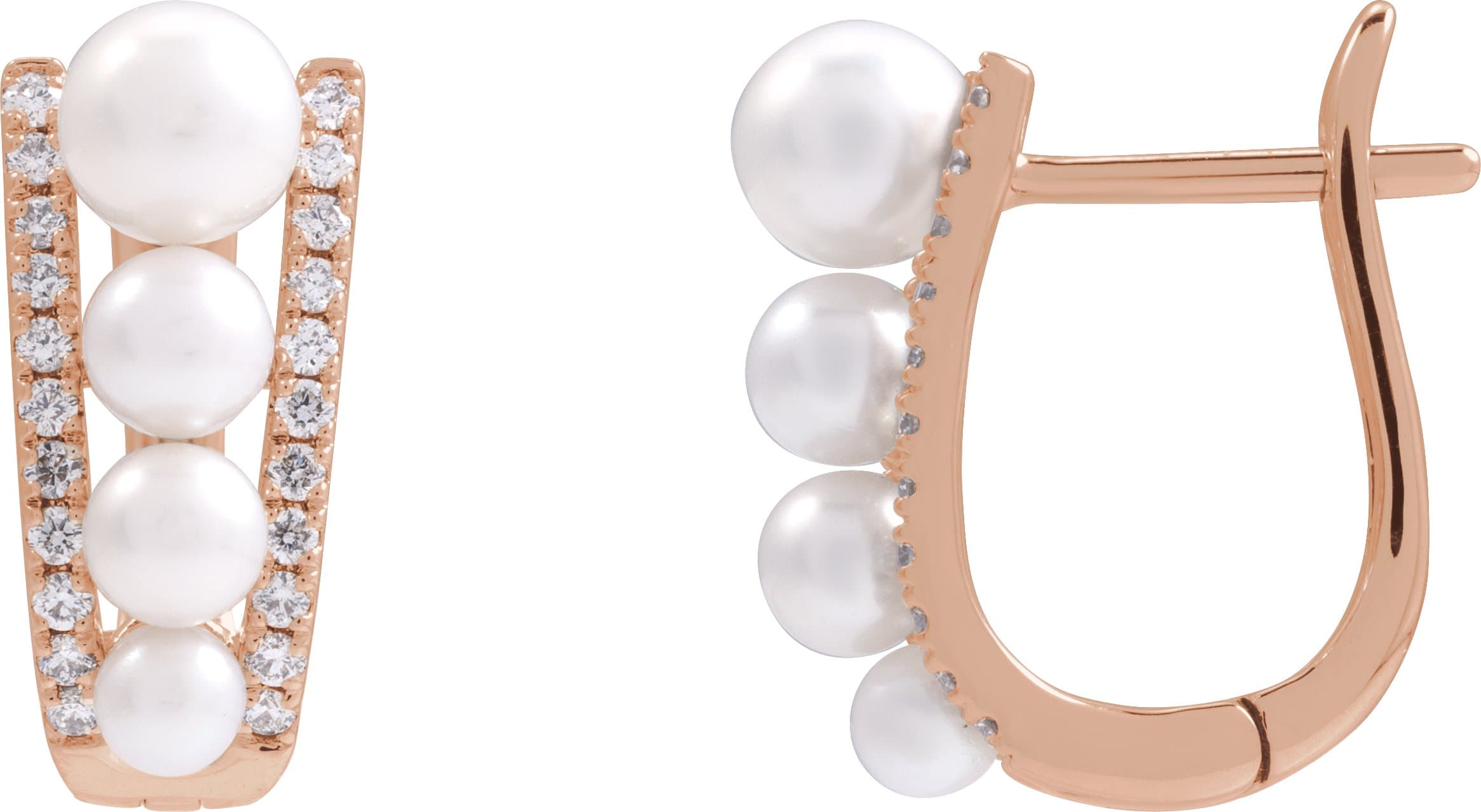 14K Rose Cultured White Freshwater Pearl & 1/4 CTW Natural Diamond Hoop Earrings