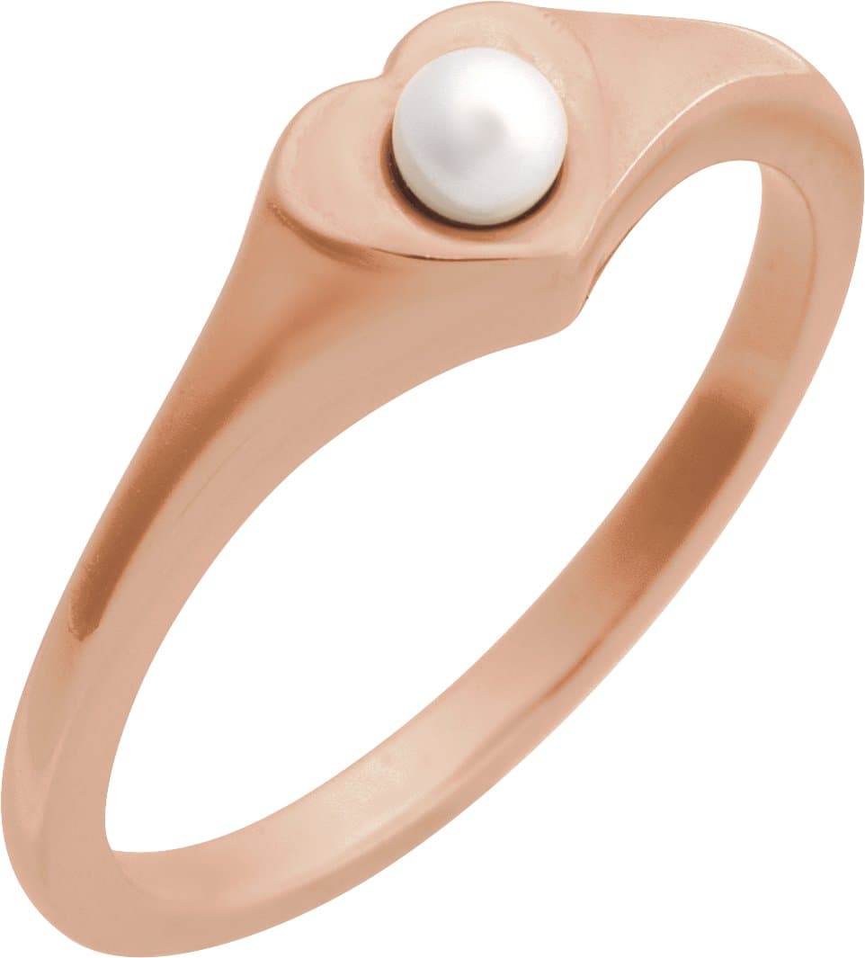 14K Rose Cultured White Akoya Pearl Heart Ring
