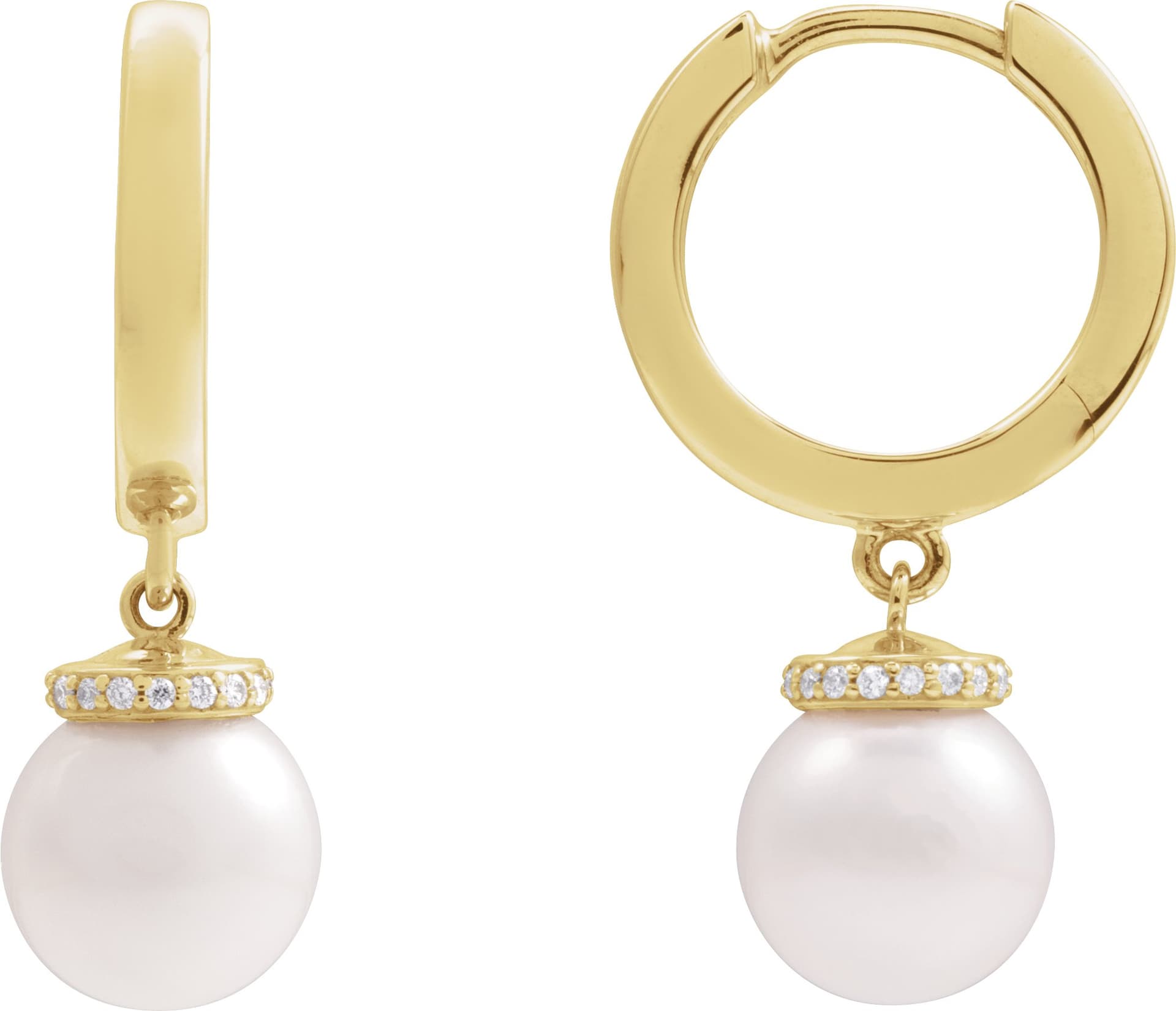 14K Rose Cultured White Akoya Pearl & .07 CTW Natural Diamond Hinged 14.2 mm Hoop Earrings