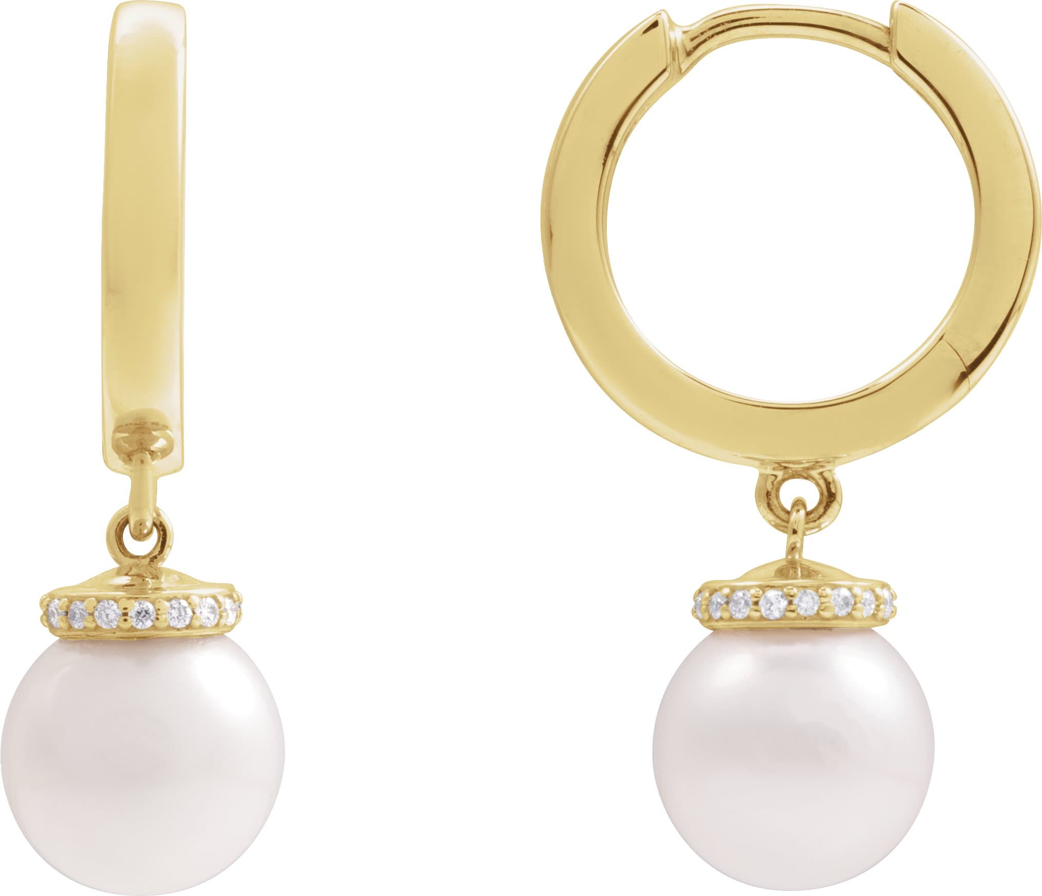14K Rose Cultured White Akoya Pearl & .07 CTW Natural Diamond Hinged 14.2 mm Hoop Earrings