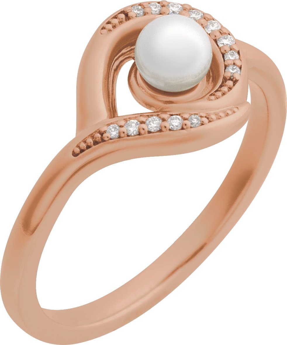14K Rose Cultured Akoya Pearl & .05 CTW Natural Diamond Ring