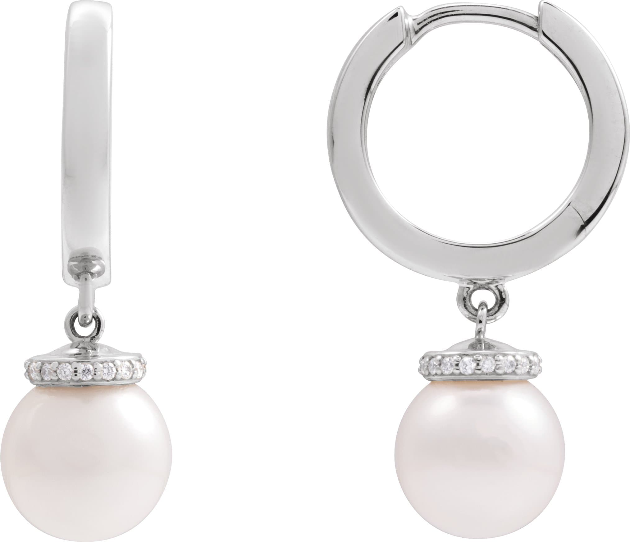 14K Rose Cultured White Akoya Pearl & .07 CTW Natural Diamond Hinged 14.2 mm Hoop Earrings