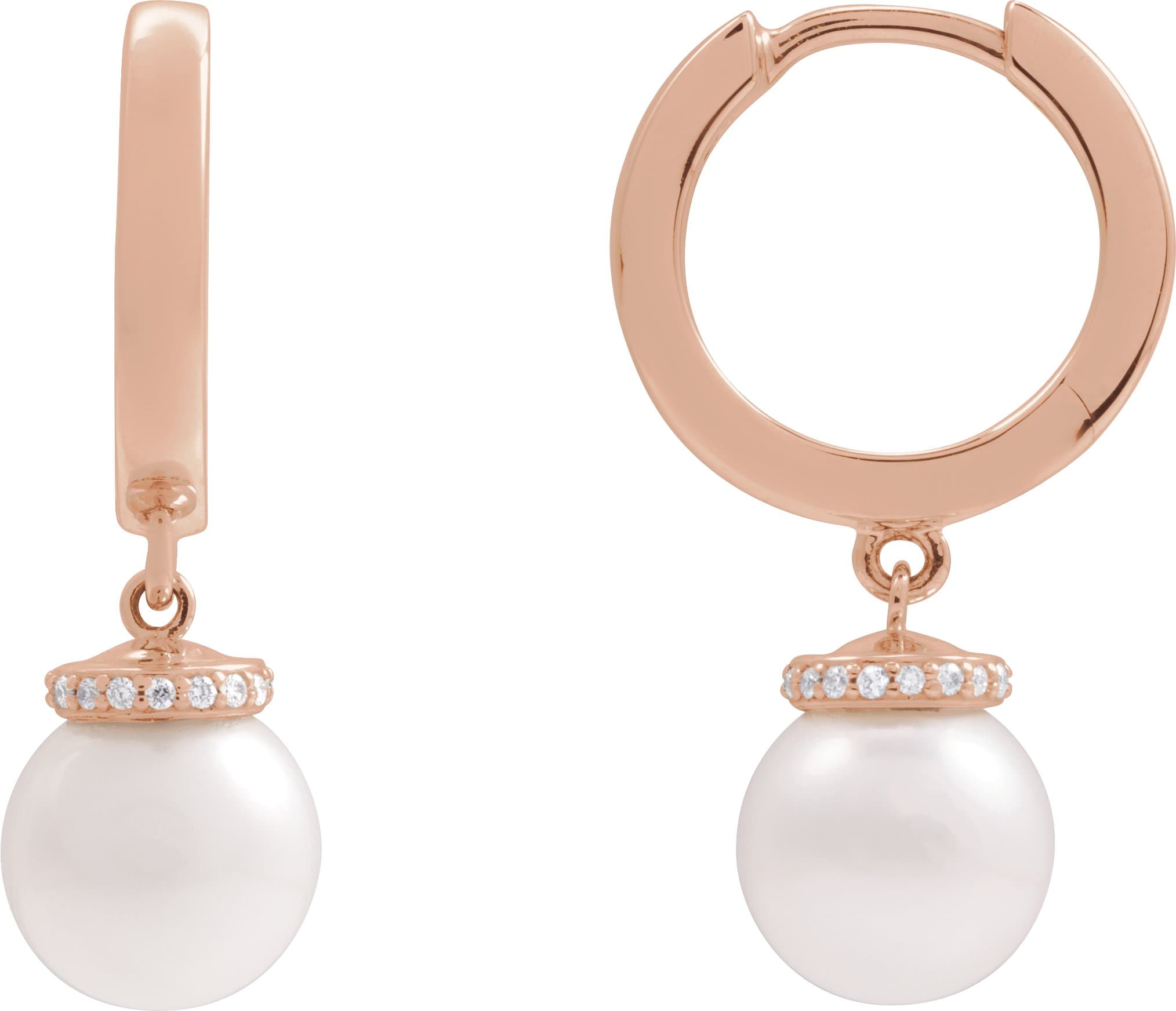 14K Rose Cultured White Akoya Pearl & .07 CTW Natural Diamond Hinged 14.2 mm Hoop Earrings