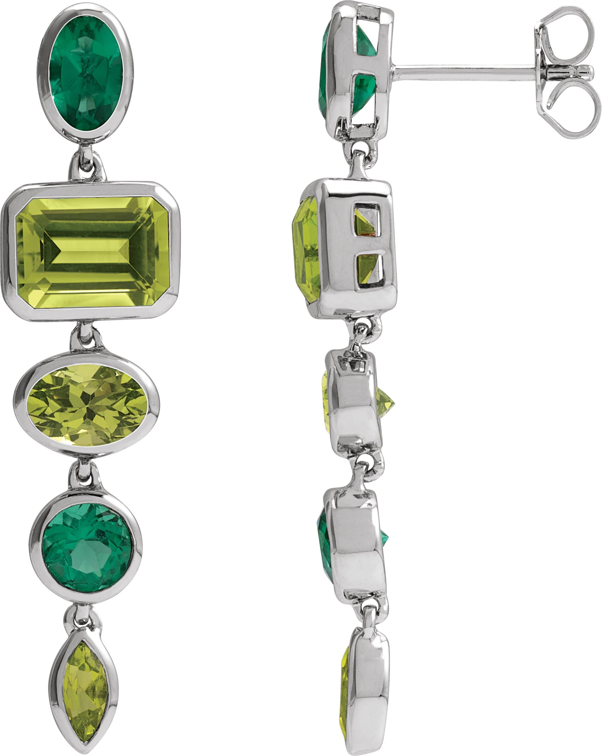 14K White Natural Peridot & Lab-Grown Emerald Dangle Earrings