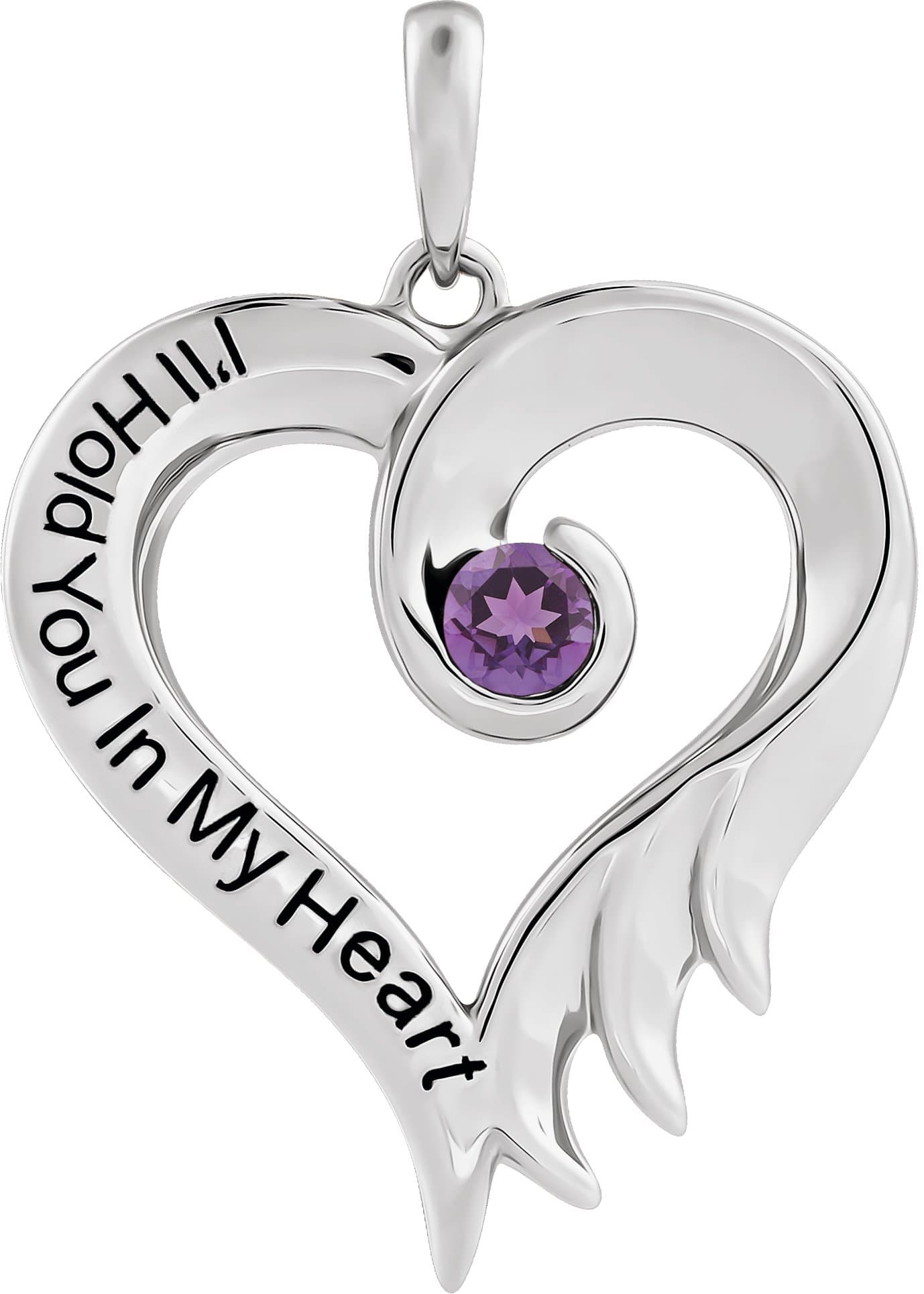 Sterling Silver Natural Amethyst & Engraved I'll Hold You In My Heart Pendant