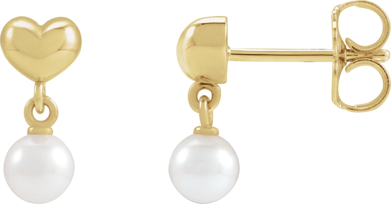 14K White Cultured White Freshwater Pearl & Heart Dangle Earrings