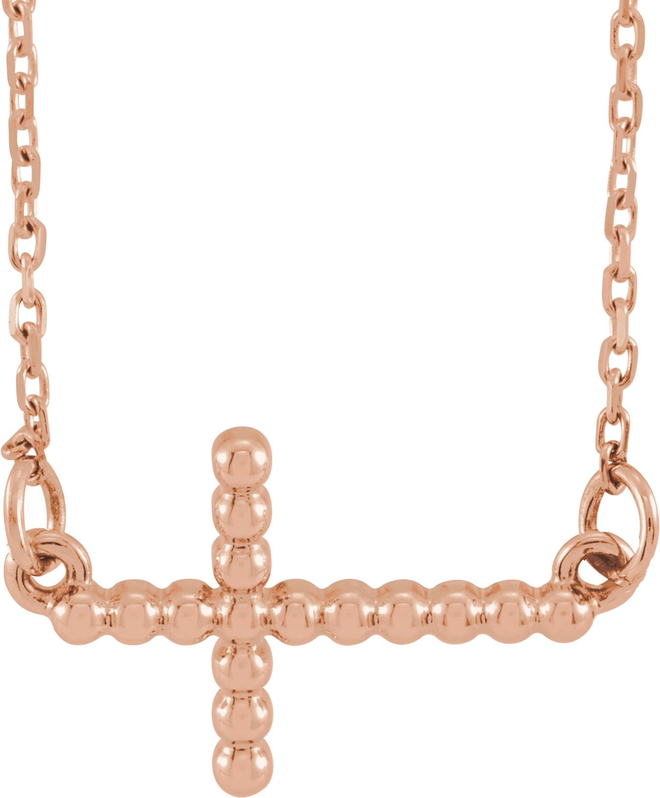 14K Rose 15.6x9.4 mm Sideways Beaded Cross 16.5 Necklace