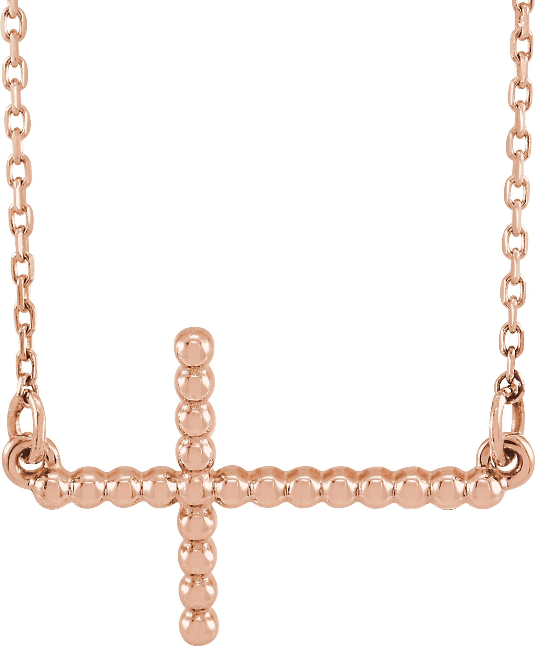 14K Rose 15.6x9.4 mm Sideways Beaded Cross 16.5 Necklace
