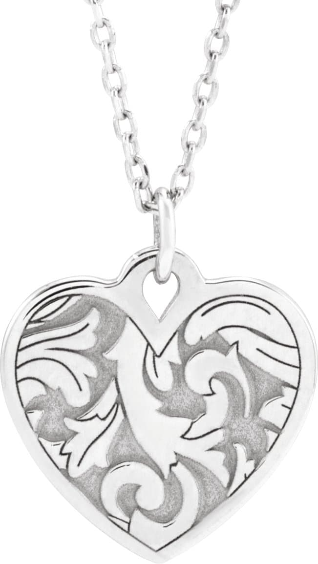 14K White Engravable Floral Heart 16-18 Necklace