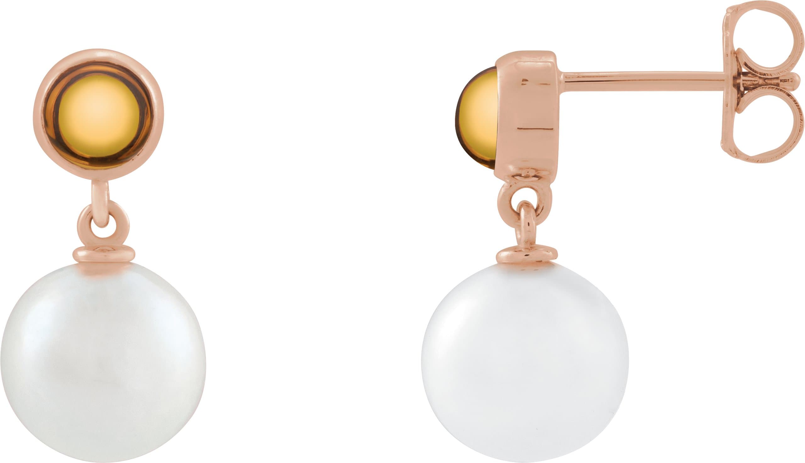 14K Rose Cultured White Freshwater Pearl & Natural Citrine Cabochon Earrings