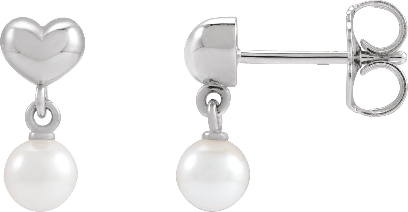 14K White Cultured White Freshwater Pearl & Heart Dangle Earrings