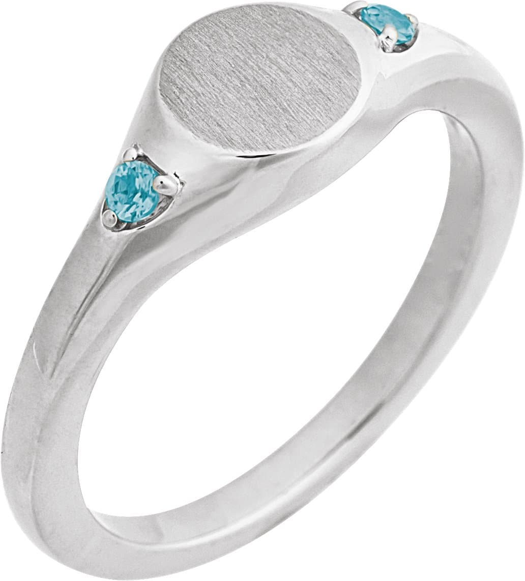 14K White Gold Engravable Natural Blue Zircon Signet Ring