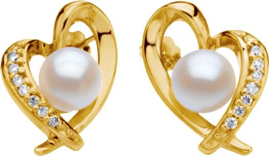 14K Yellow Cultured White Akoya Pearl & 1/6 CTW Natual Diamond Heart Earrings