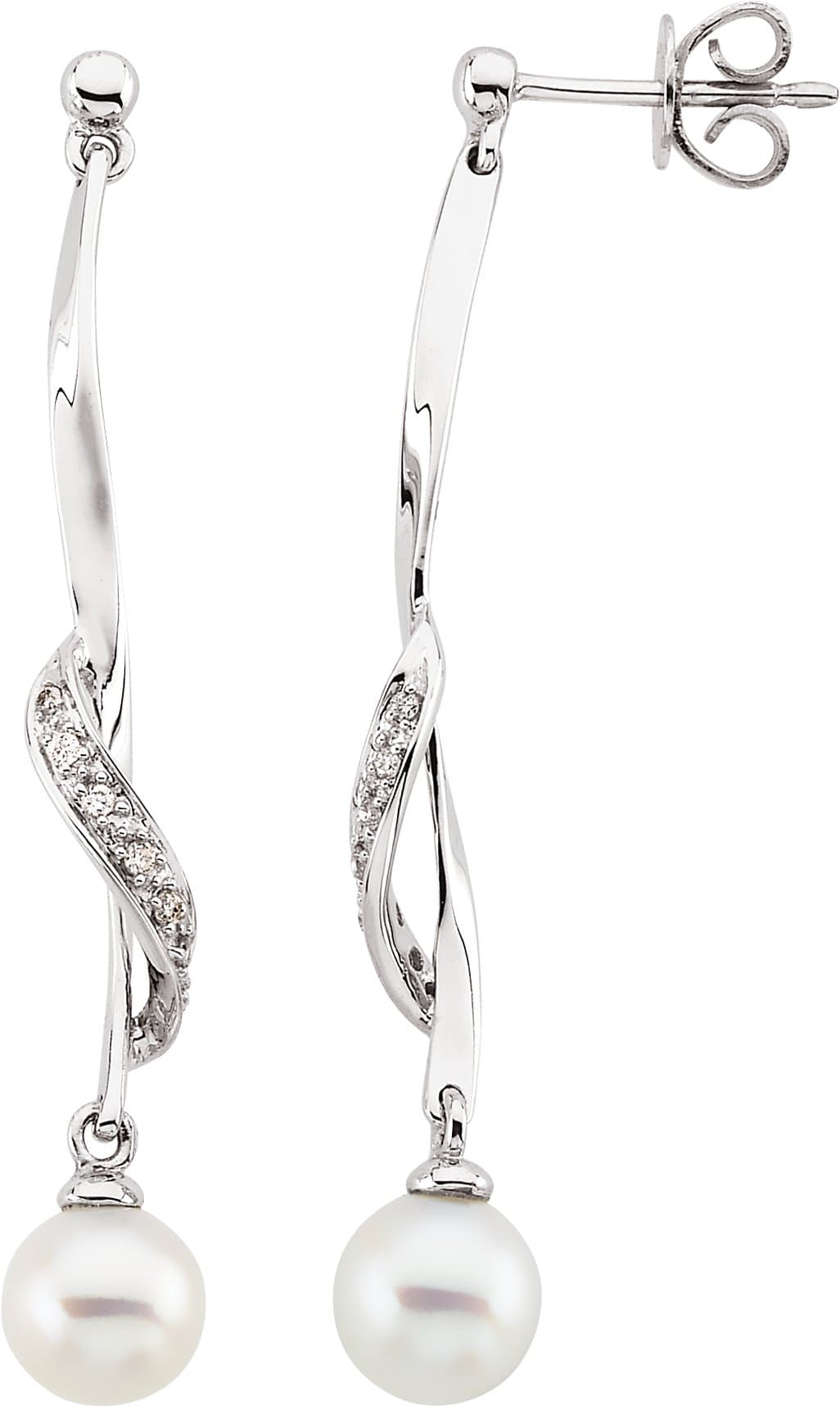 14K White Cultured White Freshwater Pearl & .07 CTW Natural Diamond Earrings