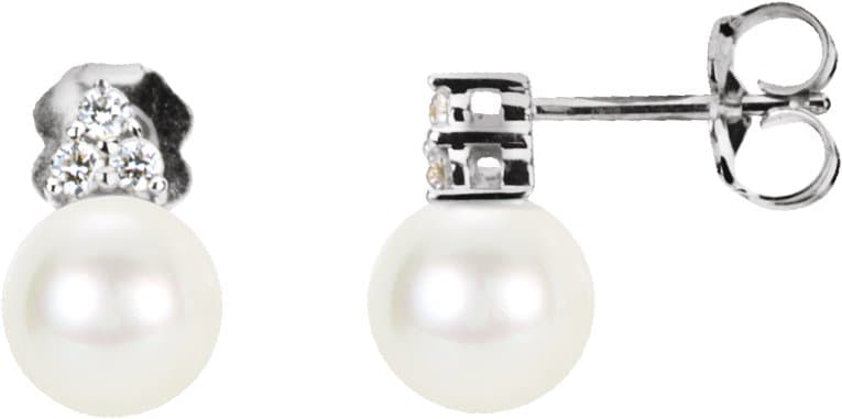 14K Yellow Cultured White Freshwater Pearl & 1/10 CTW Natural Diamond Earrings