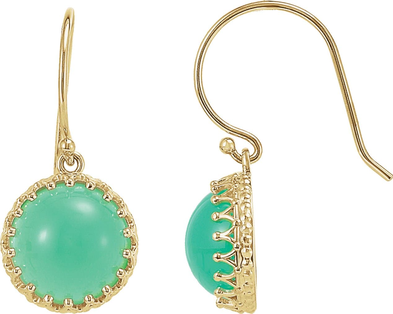 14K Yellow 10 mm Natural Green Chrysoprase  Earrings