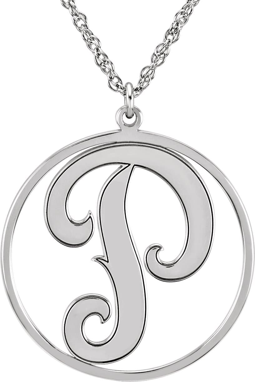 10K White Gold 20 mm 1-Initial Script Monogram 18" Necklace