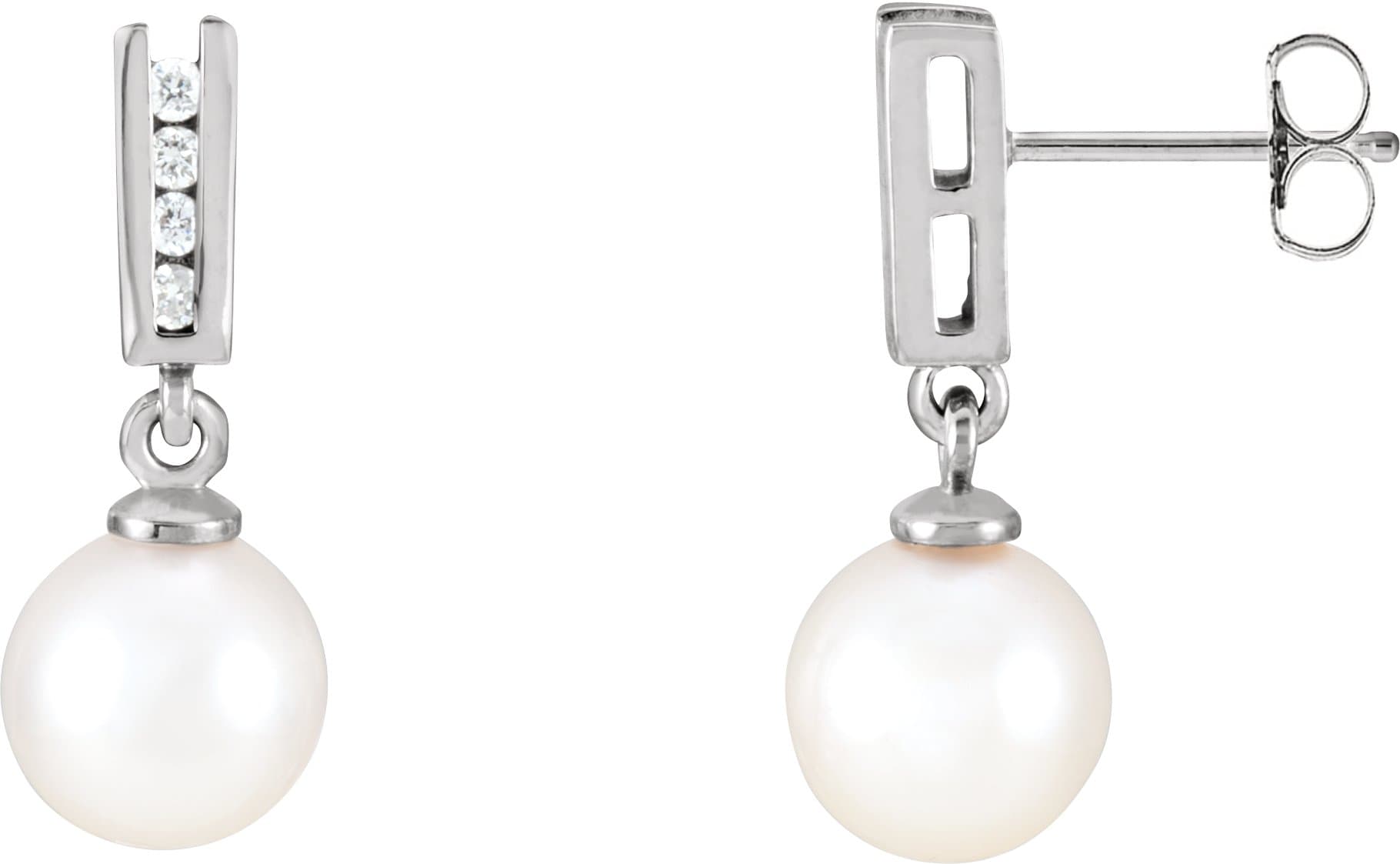 14K White Cultured White Akoya Pearl & 1/10 CTW Natural Diamond Earrings