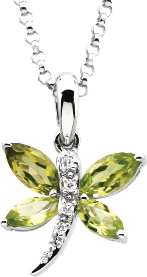 14K White Natural Peridot & .02 CT Natural Diamond Dragonfly 18 Necklace