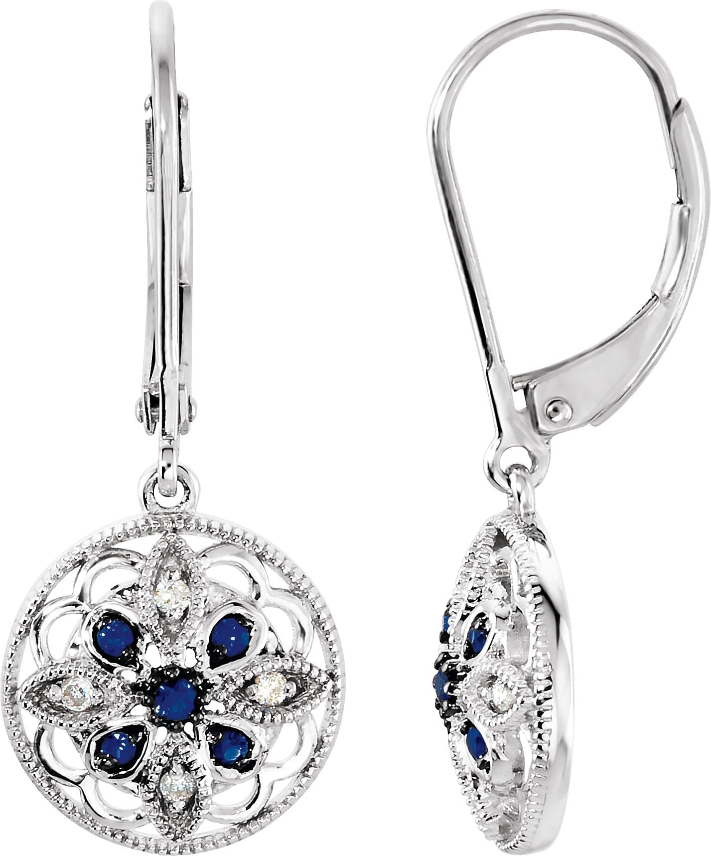 14K White Natural Blue Sapphire & .07 CTW Natural Diamond Earrings