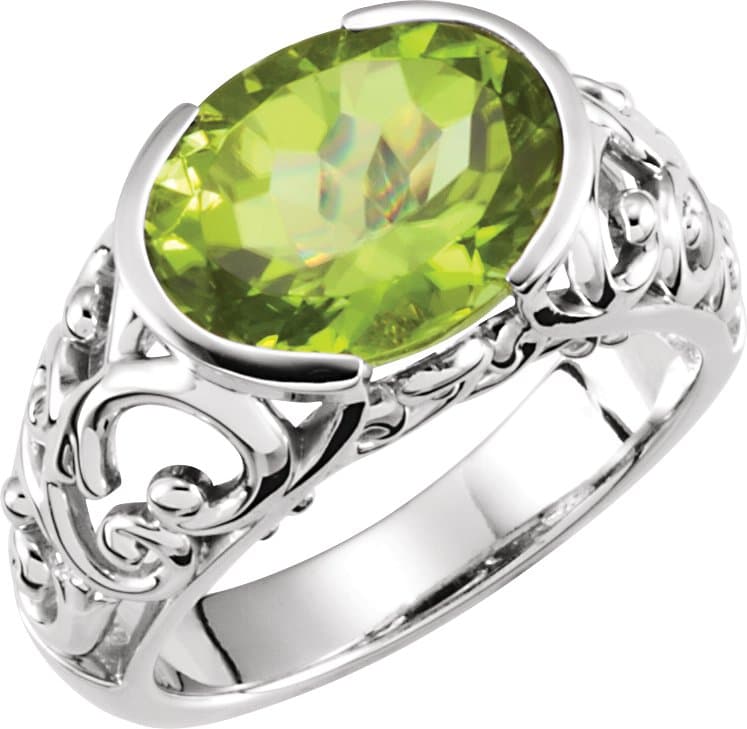 14K White Natural Peridot Ring