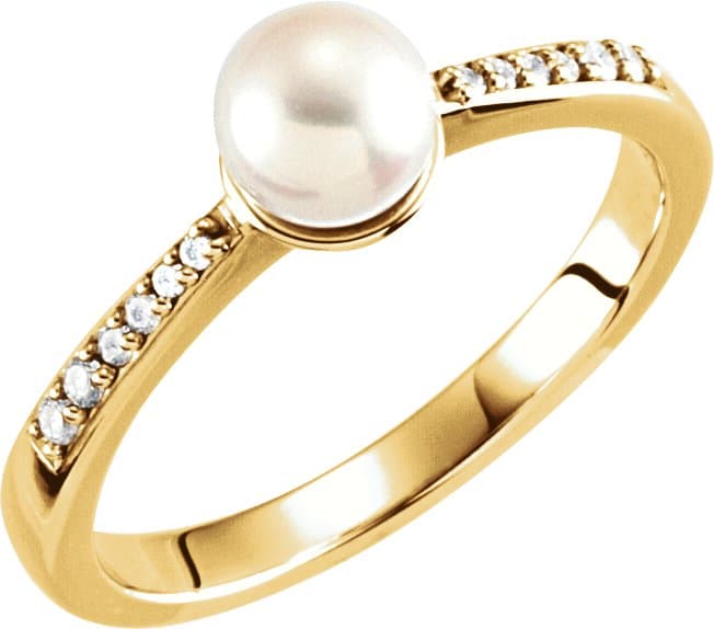 14K Rose Cultured White Freshwater Pearl & .06 CTW Natural Diamond Ring