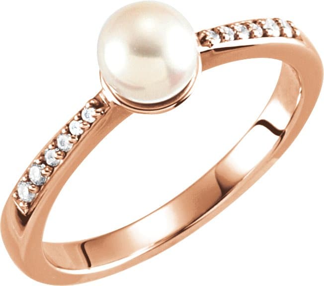 14K Rose Cultured White Freshwater Pearl & .06 CTW Natural Diamond Ring