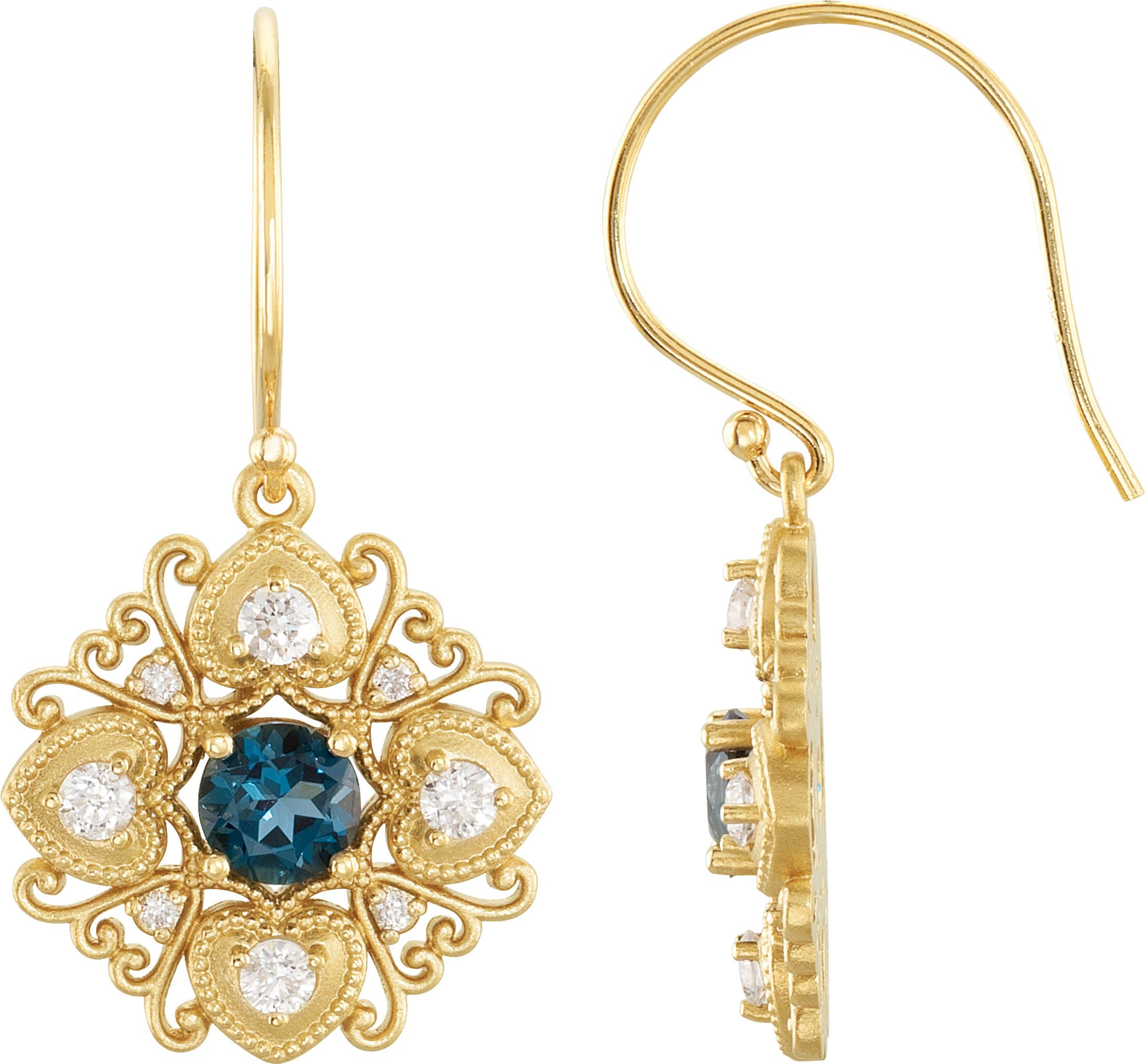 14K Yellow Natural London Blue Topaz & 1/2 CTW Natural Diamond Earrings