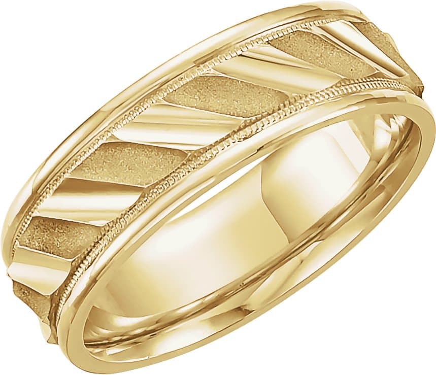 14K Yellow 6.75 mm Milgrain Edge Diagonal Grooved Comfort-Fit Half Round Band Size 4.5