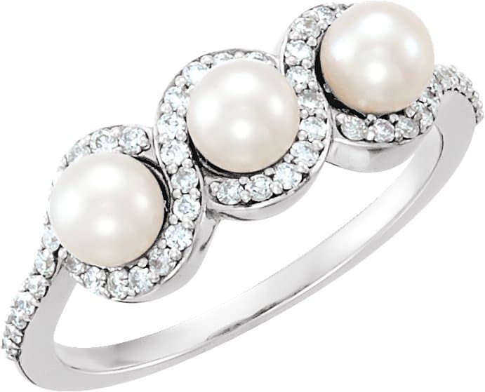 14K Rose Cultured White Freshwater Pearl & 1/5 CTW Natural Diamond Halo-Style Ring