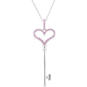 Sterling Silver Natural Pink Sapphire Heart Key 18 Necklace