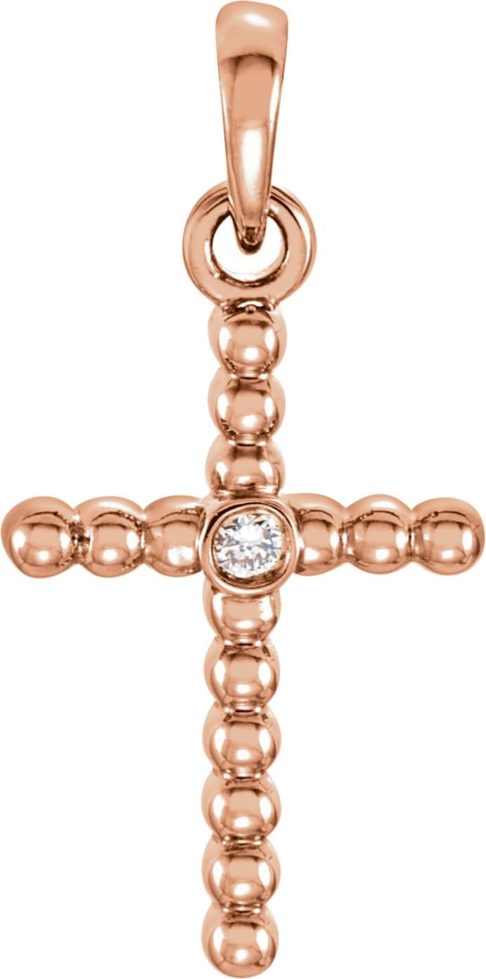 14K Rose 19.1x9.5 mm .015 CTW Natural Diamond Beaded Cross Pendant