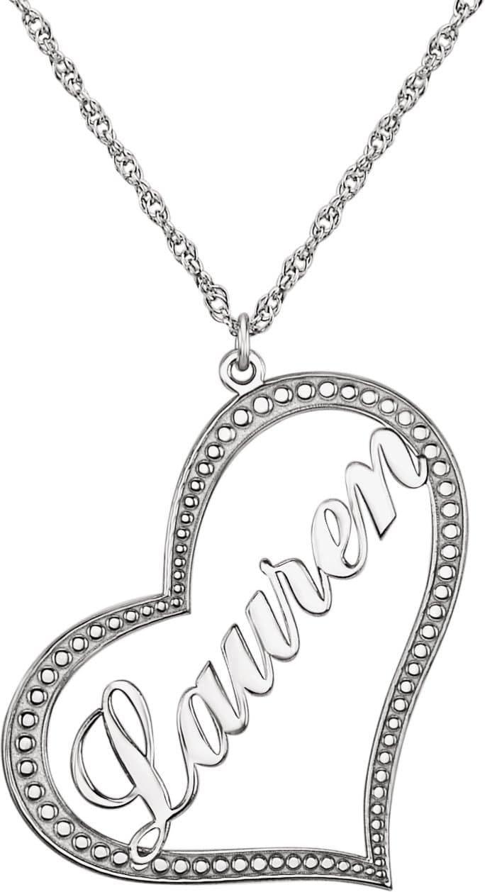 10K White Gold Script Single Name Heart 18" Necklace