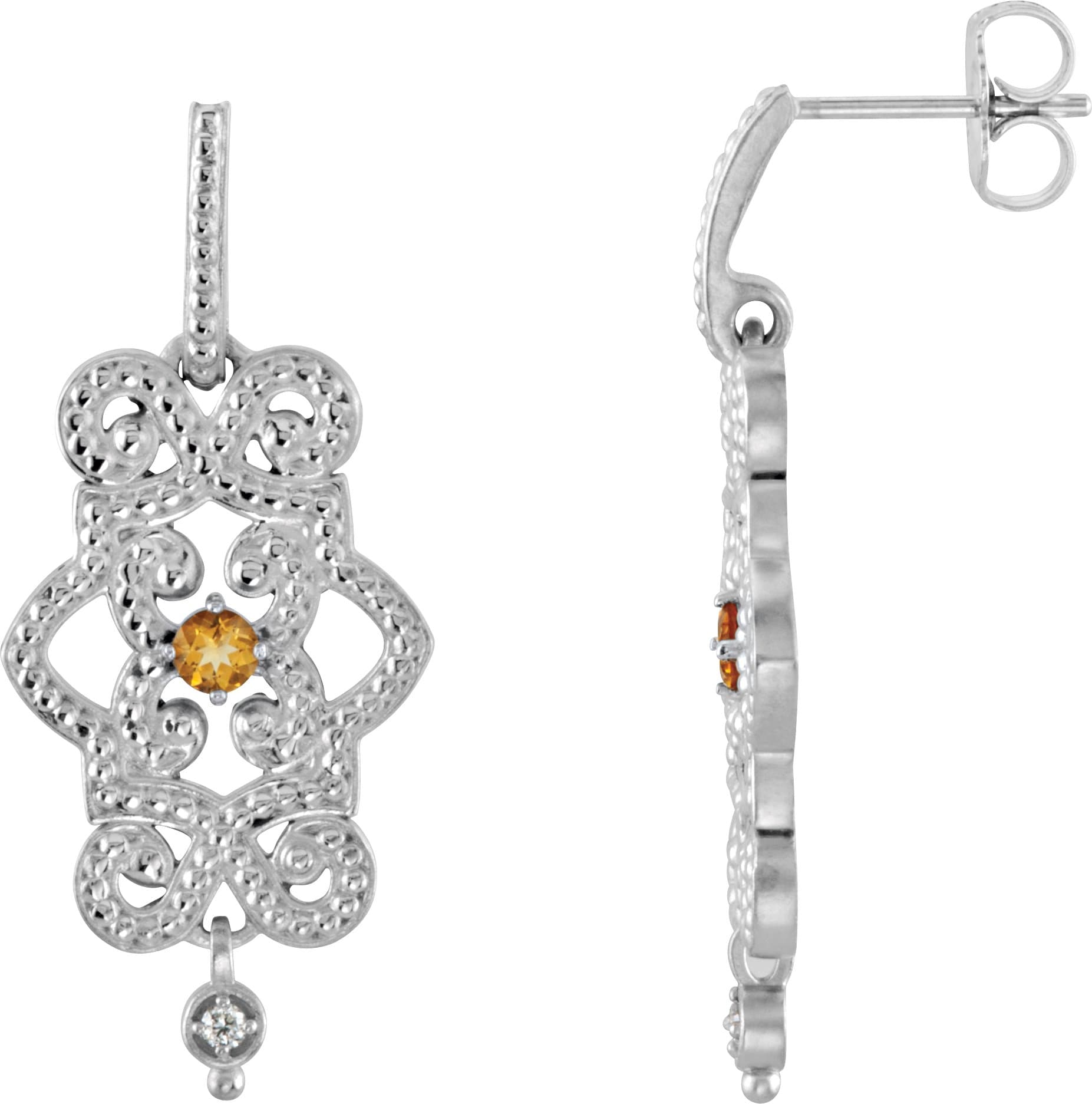 14K White Natural Citrine & .03 CTW Natural Diamond Granulated Earrings