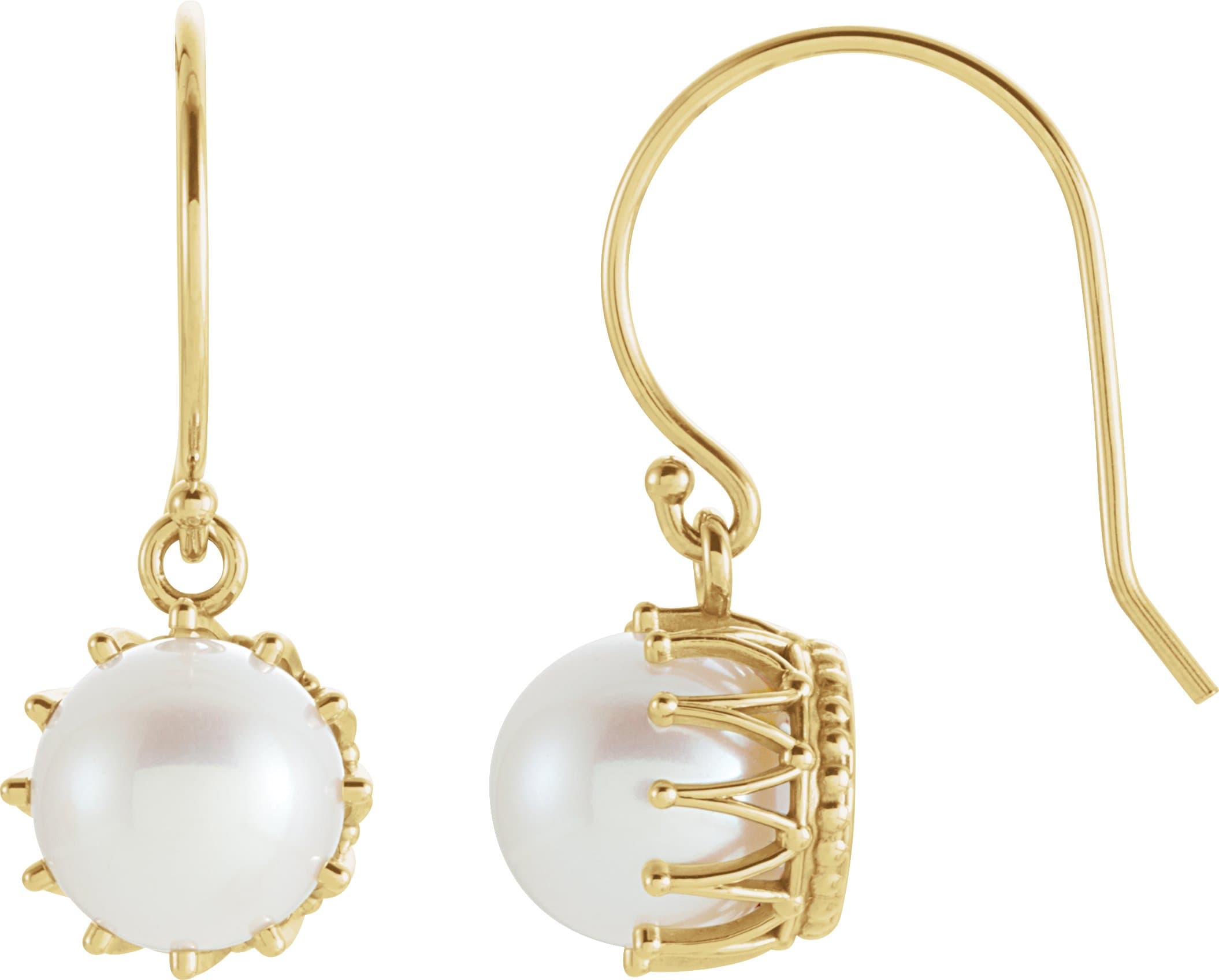 14K Yellow Cultured White Freshwater Pearl Crown Earrings