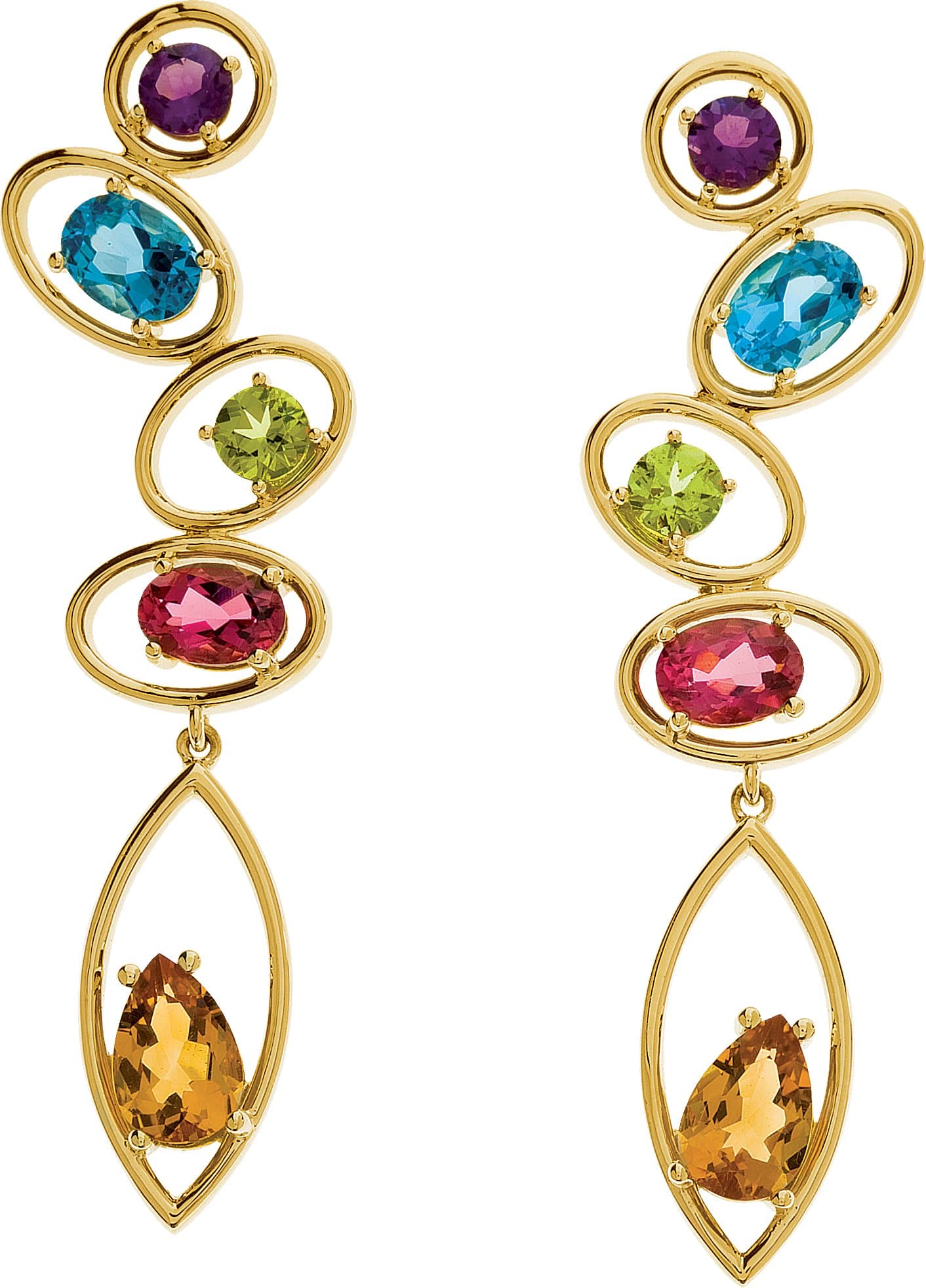 14K Yellow Natural Amethyst, Natural Swiss Blue Topaz, Natural Peridot, Natural Pink Tourmaline & Natural Citrine Earrings