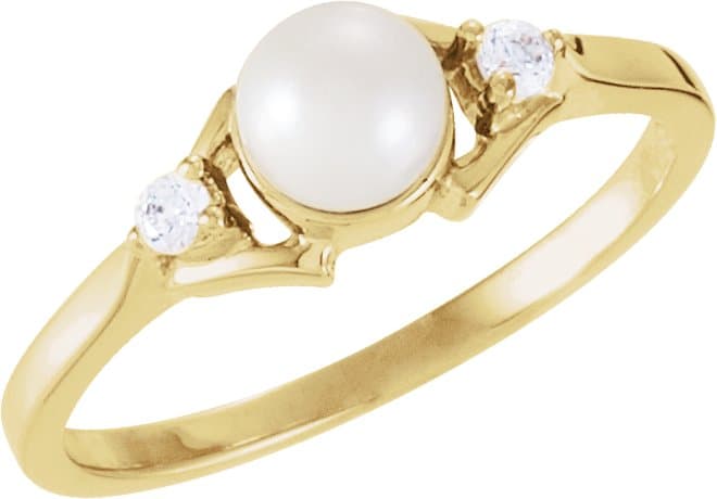 14K Yellow Cultured White Akoya Pearl & .06 CTW Natural Diamond Ring