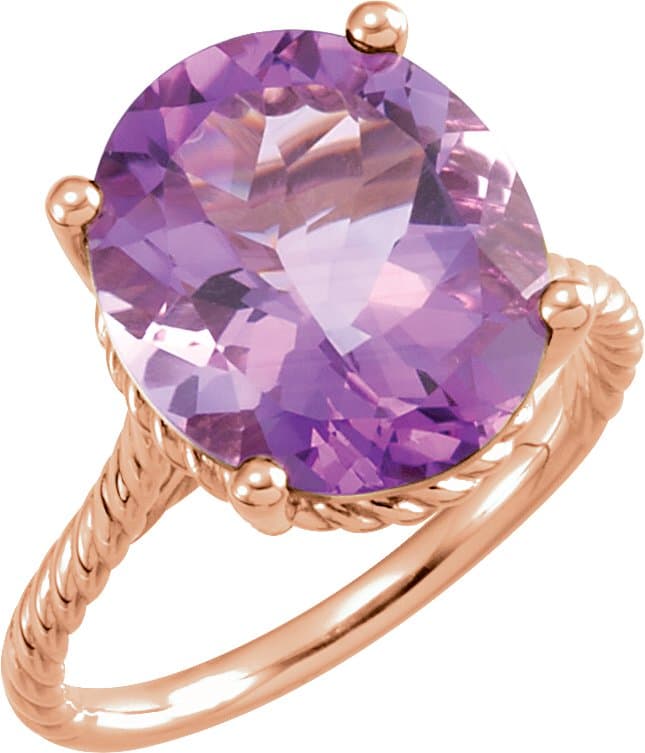 14K Rose 14x12 mm Oval Natural Amethyst Rope Ring